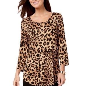 JM Collection Black and Brown Leopard Print Scoop Neck 3/4 Sleeve Top